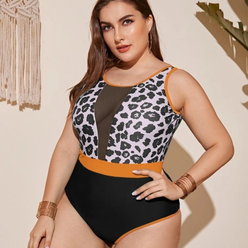Plus Leopard Contrast Mesh One Piece Swimsuit